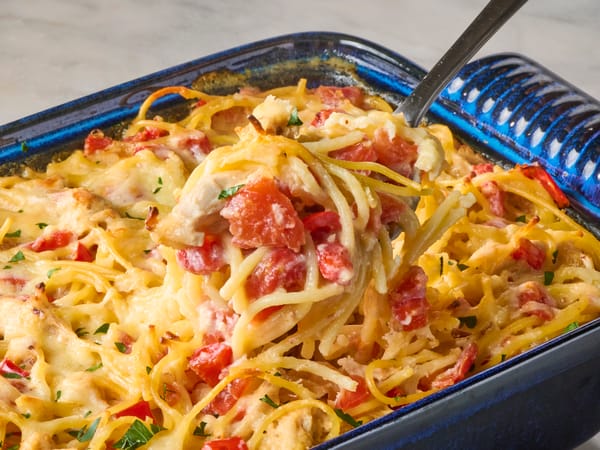 My cheesy spaghetti casserole is the one meal the whole family loves