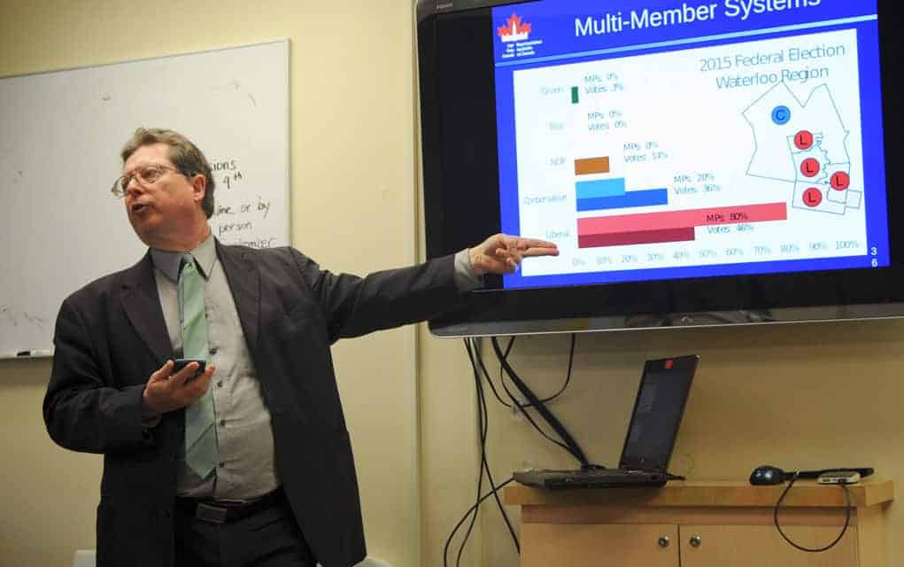Bob Jonkman of Fair Vote Waterloo spoke about electoral reform last week at the Elmira library.