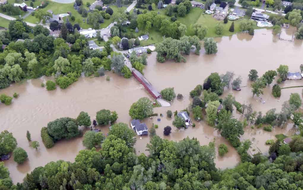 An aerial view of the area around the West Montrose covered bridge, where homes along the river experienced significant flood