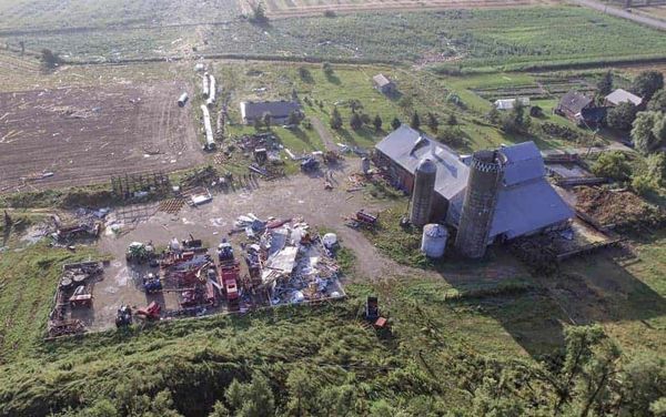 A photograph by an aerial drone of the Wideman property in Hawkesville, after the tornado struck. In the bottom left is the i
