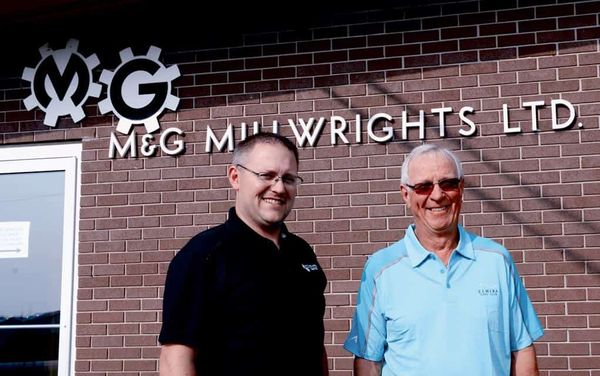 Matt Kraemer (left) will be taking over M&G Millwrights Ltd. from retiring co-founder Cliff Gingrich as the business celebrat