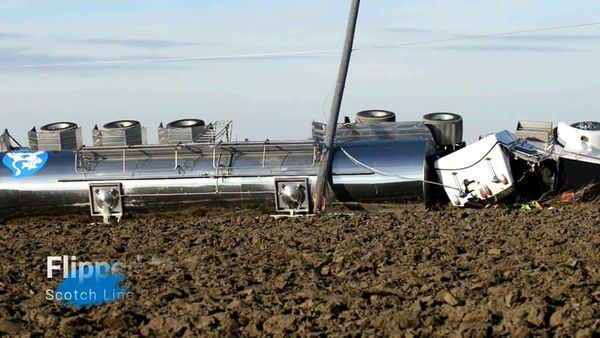 Milk tanker truck spills into ditch