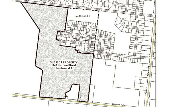 A map shows the area slated for development, an area in the southwest of Elmira between Whippoorwill Drive and Listowel Road.