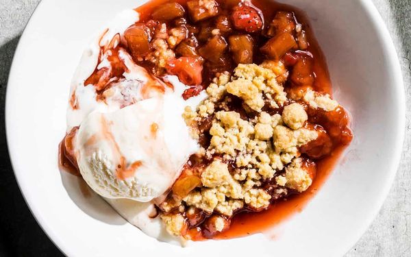 A simple, crispy-topped strawberry-rhubarb crisp that you can make any time of year