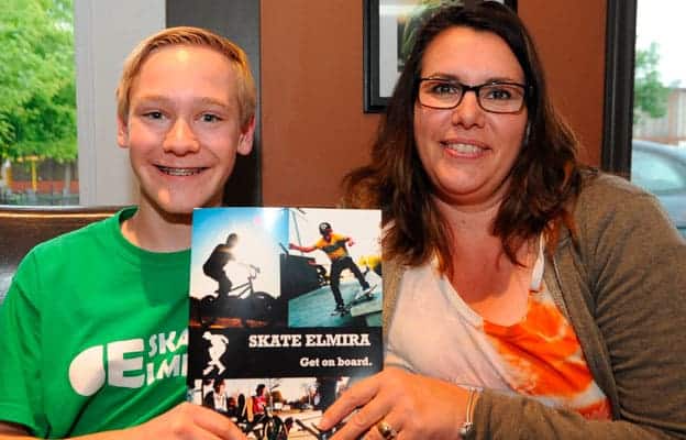 Skate Elmira organizer Kyle Wilton welcomes new overseer Christine Padaric as the skate park initiative prepares to launch its fundraising campaign.[will sloan / the observer]
