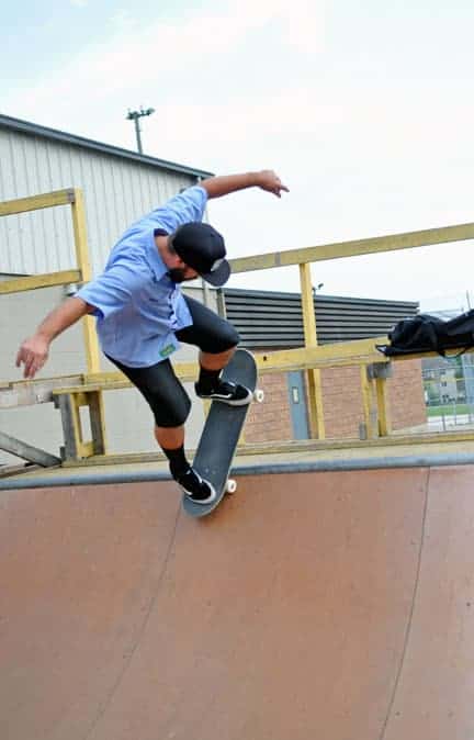 Dave Ingraham helped build the mini-pipe in front of the Wellesley arena, site of a temporary skate park. The township is looking at options for a permanent home for the facility. [Scott Barber / The Observer]