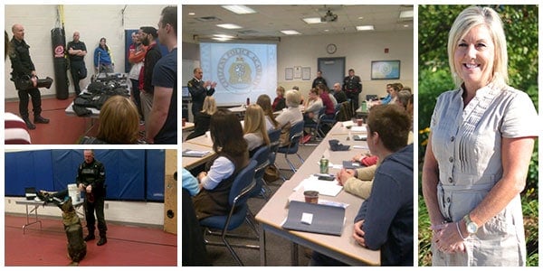 Some 50 students learn about the Waterloo Regional Police Service during the citizen’s police academy, held twice each year. Right, WRPS special events coordinator Catherine Wilkinson. 