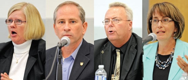 Woolwich mayoral candidates Bonnie Bryant, Todd Cowan, Doug Hergott and Sandy Shantz talked about issues in the township on October 1 at the WMC during a debate sponsored by the Greater Kitchener Waterloo Chamber of Commerce.[Whitney Neilson / The Observer]