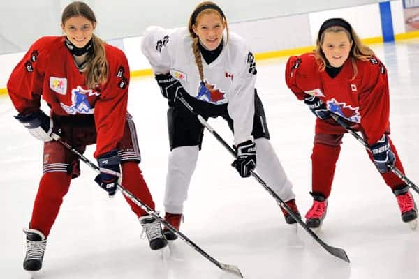 Hannah Petrosino, Jenna Duimering and Taylor Schmitt were among 150 female Ontario hockey players who laced up for the “Long Game” in Mississauga on Oct.11.[Whitney Neilson / The Observer]