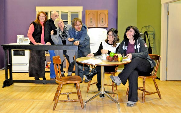 Nancy Movrin, Dale Kustra, Corie Kelly, Martin Glassford, Desaree da Cruz and Tracy Leighton star in Medium Rare, the Elmira Theatre Company’s latest production set to open Feb. 6. [Scott Barber / The Observer]