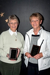 Connie Dickinson and Florence Arkell accept Lis Pieper Memorial Plaques.