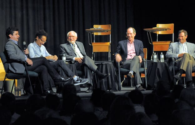 Former teacher Bill Exley (middle) shares a laugh with former students Bruce Headlam, Malcolm Gladwell, Roger Martin and Terry Martin during the alumni roundtable at EDSS on June 7, part of the school's anniversary celebration.[File Photo]