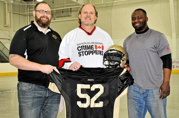 Tri-City Outlaws alumni Lee Becker, Pat DeLay and Billy Thompson will coach the big man football skills camp at the Woolwich Memorial Centre Sunday from 9 a.m. - 12 p.m. April 12 as part of the Crime Stoppers "put crime in the penalty box" event. [Scott Barber / The Observer]