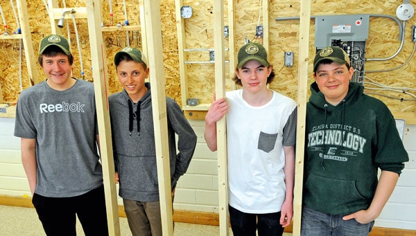 Adam Weber, Walker Schott, Noah Zeller and Nathan Hergott will represent Elmira District Secondary School in the carpentry event at the Skills Canada provincial competition May 4-6 at RIM Park in Waterloo.  [Scott Barber / The Observer]