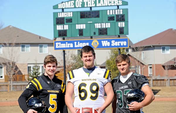 Elmira District Secondary School alumni Mitch Kernick and Taz Martin play for the University of Waterloo football team, while Alex Weber – part of the Warriors’ 2015 recruitment class – could join them next season.[File Photo]