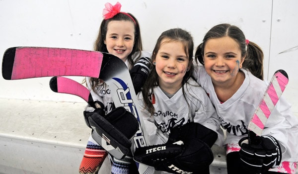 Olivia Weiss, Peyton Gaudet and Kylie Rayfield will be moving up to the Novice level next season, as part of the Woolwich Girls Minor Hockey Association, which is holding a Come and Try Girls Hockey event on Apr. 18.[Whitney Neilson / The Observer]