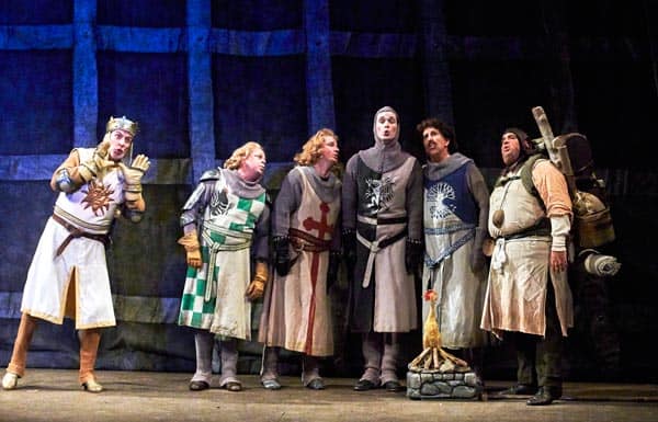 Victor A. Young returns in his role as King Arthur, with the knights of the round table in Drayton Entertainment’s production of Spamalot. [Banko Media]