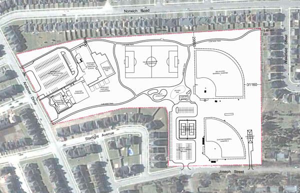 A sketch of a possible site plan for Breslau parkland, including a new Catholic school and improvements to the township facilities.[File Photo]