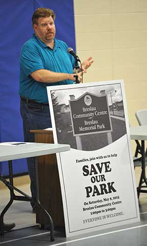 Breslau resident Blake Kennedy spoke in opposition to building a school on community parkland. [Scott Barber]