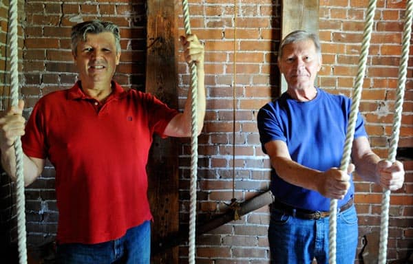 Terry Rohr and Franklin Jonas are two of the main bell ringers who are ringing the St. Matthew’s Evangelical Lutheran Church’s bells in Conestogo for two weeks to recognize the 1,181 murdered and missing aboriginal women and girls between 1980 and 2012 in Canada.[Whitney Neilson / The Observer]