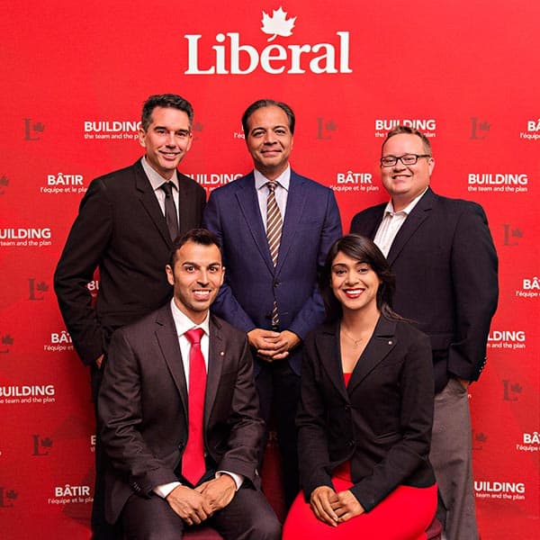 All five Liberal Party candidates in the region have been selected. Top: (Kitchener-Conestoga) Tim Louis, (Kitchener Centre) Raj Saini and (Cambridge) Bryan May. Bottom: ( Kitchener South-Hespeler) Marwan Tabbari and (Waterloo) Bardish Chagger. 