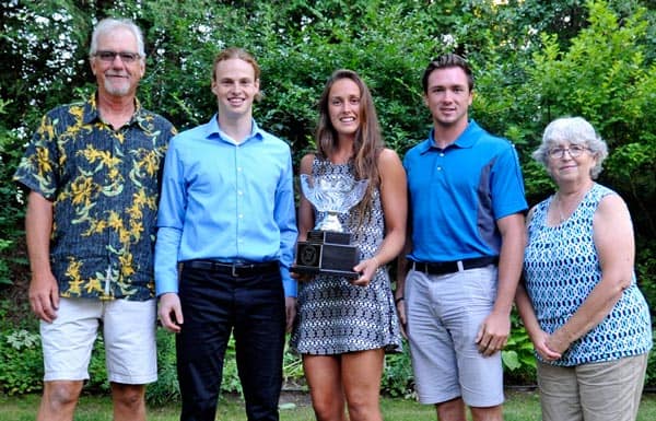 This year’s Dan Snyder Memorial Scholarship recipients Matthew Leger, Marlowe Schott and Mitch Wright were flanked by Graham and Lu Anne Snyder Wednesday evening during an awards presentation in Waterloo. [Scott Barber / The Observer]