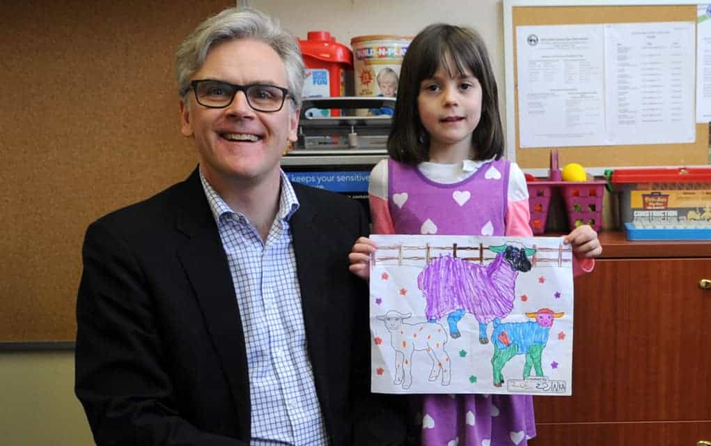 
                     Dan Enns was welcomed into his new role as principal of John Mahood Public School with two pieces of artwork by Zoe Zslnka.
                     
