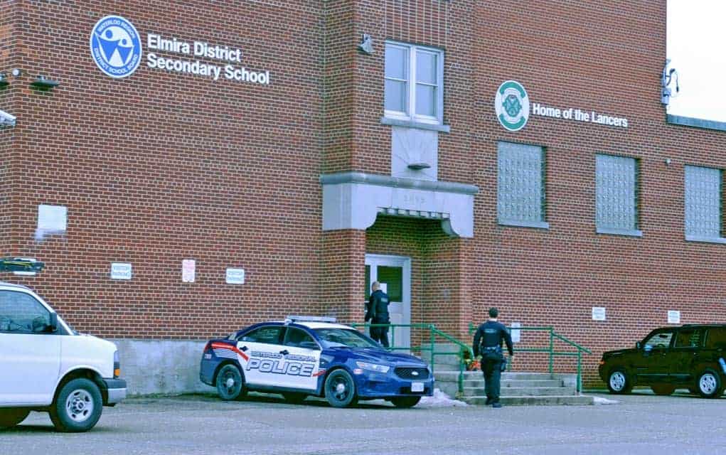 Elmira District Secondary School was closed on Monday after a staffer received a non-specific communication, causing the school board and local police concern. Officers were at the school all day Monday looking for anything out of place or threatening.[Liz Bevan / The Observer]