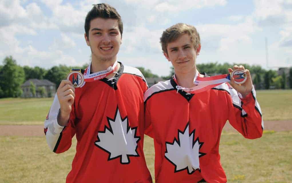 
                     Kelby Martin and Tyler Moser brought home gold medals to Elmira as part of the Canadian U18 ball hockey team which won the Wo
                     