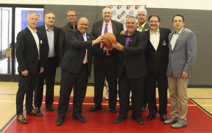 Brian Foster (Innosoft), Frank Schneider (Ball Construction), Cameron Ball (Ball Construction), NBL Commissioner David Magley, Leon Martin of Elmira, London Lightning team owner Vito Frijia, and Niagara River Lions team owner Richard Petko along with Kitchener Mayor Berry Vrbanovic, and Waterloo Mayor Dave Jaworsky celebrate the beginning of a new sports team in the region.[Submitted]