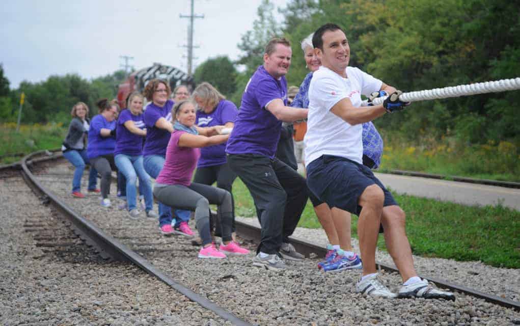 
                     Teams came together on Sept. 23 at the Waterloo Central Railway train station in St. Jacobs for a train pull to kick off the 
                     