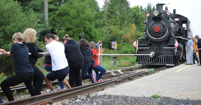 Teams came together on Sept. 23 at the Waterloo Central Railway train station in St. Jacobs for a train pull to kick off the United Way of Kitchener-Waterloo & Area’s 2016-17 campaign. Their campaign goal is $5.1 million.[Whitney Neilson / The Observer]