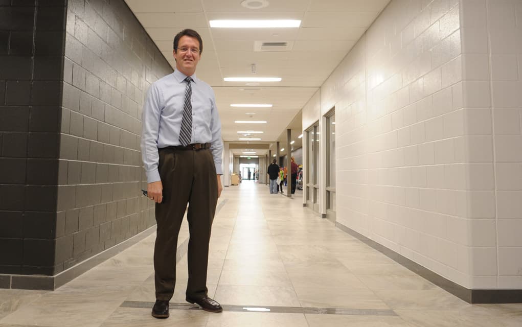 Brent Hatcher, principal at Riverside PS in Elmira, says staff and students are making their way through the changes that come with a new building.[Liz Bevan / The Observer]
