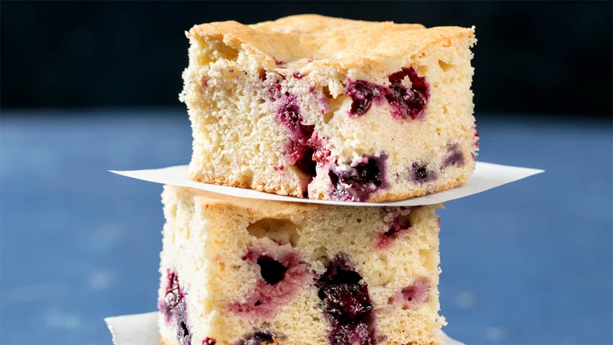 Berries give this snack cake a bright pop of color and fresh flavor