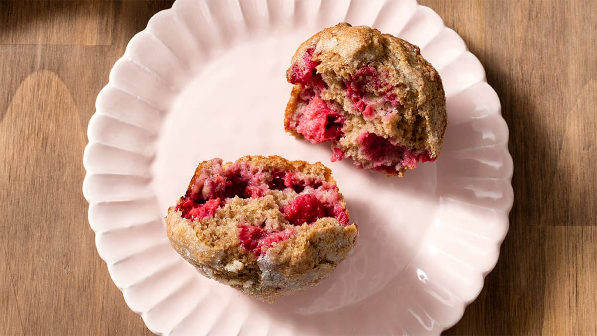 Raspberries add pops of flavor and color to these muffins