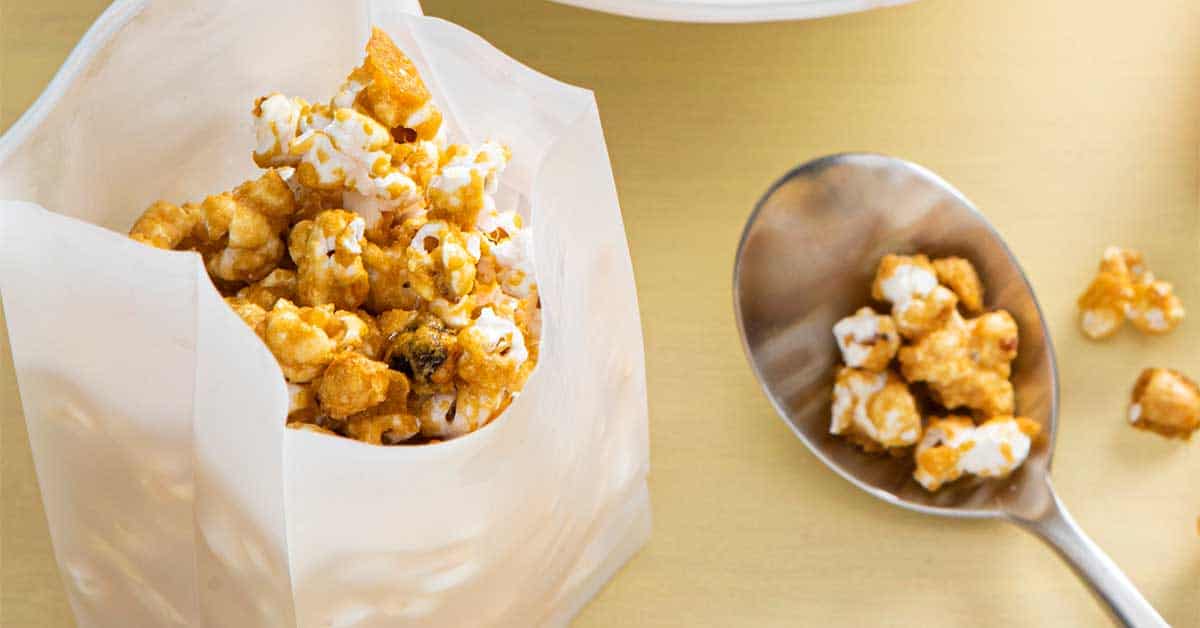 This homemade caramel popcorn is perfect for a cozy movie night at home